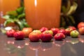 Fresh and natural juice of acerola Malpighia emarginata in glass cup