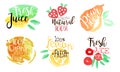 Fresh Natural Juice Labels Set, Orange, Lemon, Pear Juice Bright Badges Hand Drawn Watercolor Vector Illustration Royalty Free Stock Photo