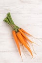 Fresh natural organic carrots bunch light wooden background. Autumn summer harvest concept. Rustic natural style.