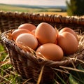 Fresh natural organic free range eggs in basket nest in outdoor farm environment Royalty Free Stock Photo