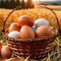 Fresh natural organic free range eggs in basket nest in outdoor farm environment Royalty Free Stock Photo