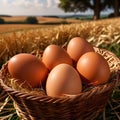 Fresh natural organic free range eggs in basket nest in outdoor farm environment Royalty Free Stock Photo