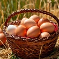 Fresh natural organic free range eggs in basket nest in outdoor farm environment Royalty Free Stock Photo