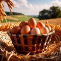 Fresh natural organic free range eggs in basket nest in outdoor farm environment Royalty Free Stock Photo