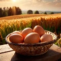 Fresh natural organic free range eggs in basket nest in outdoor farm environment Royalty Free Stock Photo