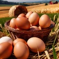 Fresh natural organic free range eggs in basket nest in outdoor farm environment Royalty Free Stock Photo