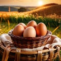 Fresh natural organic free range eggs in basket nest in outdoor farm environment Royalty Free Stock Photo