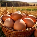 Fresh natural organic free range eggs in basket nest in outdoor farm environment Royalty Free Stock Photo