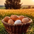 Fresh natural organic free range eggs in basket nest in outdoor farm environment Royalty Free Stock Photo