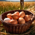 Fresh natural organic free range eggs in basket nest in outdoor farm environment Royalty Free Stock Photo