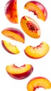Fresh nectarine slices falling down on transparent background Royalty Free Stock Photo