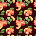 Fresh nectarines whole and half watercolor seamless pattern isolated on dark background. Ripe fruits peach and leaves Royalty Free Stock Photo
