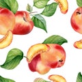 Fresh nectarines whole and half watercolor seamless pattern isolated on white background. Ripe fruits peach and leaves Royalty Free Stock Photo