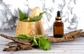 Fresh nettle in a wooden mortar. Preparation of elixirs from medicinal herbs by herbalists. The essential oil in the pharmacy