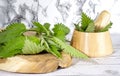 Fresh nettle in wooden mortar. Preparation of elixirs from medicinal herbs by herbalists