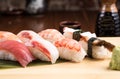 Fresh nigiri sushi in a plate in a japanese restaurant Royalty Free Stock Photo