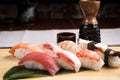 Fresh nigiri sushi in a plate in a japanese restaurant Royalty Free Stock Photo