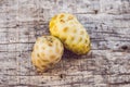 Fresh noni fruit and noni slice on wooden background and space.slice of noni fruit with space on wooden background Royalty Free Stock Photo
