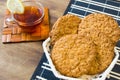 Fresh oatmeal cookies. Delicious and healthy Breakfast. Invigorating hot tea with fresh lemon. Royalty Free Stock Photo