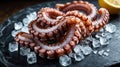 Fresh octopus displayed on ice with a lemon wedge, showcasing seafood preparation Royalty Free Stock Photo