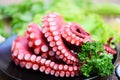 Fresh octopus food on black plate, cooked squid salad vegetable seafood cuttlefish dinner restaurant, Boiled octopus tentacles Royalty Free Stock Photo