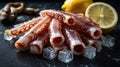 Fresh octopus tentacles arranged with lemon and ice on a dark surface Royalty Free Stock Photo