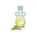 Fresh oil in glass bottle and pile of mustard seeds. Organic and healthy product. Cooking ingredient. Flat vector icon Royalty Free Stock Photo