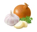 Fresh onion, garlic cloves and parsley isolated on white background Royalty Free Stock Photo