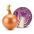 Fresh onion and half cut red cabbage on white background for culinary use Royalty Free Stock Photo