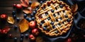 Fresh open blueberry pie on a wooden table. Generated by AI