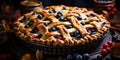 Fresh open blueberry pie on a wooden table. Generated by AI