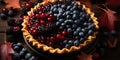 Fresh open blueberry pie on a wooden table. Generated by AI