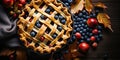 Fresh open blueberry pie on a wooden table. Generated by AI