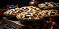 Fresh open blueberry pie on a wooden table. Generated by AI