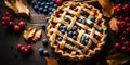 Fresh open blueberry pie on a wooden table. Generated by AI