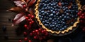 Fresh open blueberry pie on a wooden table. Generated by AI