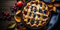 Fresh open blueberry pie on a wooden table. Generated by AI