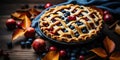 Fresh open blueberry pie on a wooden table. Generated by AI