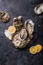 Fresh open Oysters. Healthy sea food. Dinner in restaurant. Gourmet food. Dark background. Top view Healthy sea food