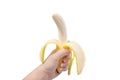 Fresh open yellow banana in hand Royalty Free Stock Photo