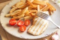 Fried meat with potatoes and tomatoes