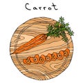 Fresh Orange Carrots with Leaves on a Cutting Wooden Board and Heart Shape Slices. Ripe Vegetables. Vegetarian Cuisine