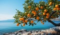 Fresh orange citrus fruit on a green tree by the coastline generated by AI Royalty Free Stock Photo