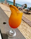 Fresh orange drink during the summer in Portugal. Funny moments in front of the beach!