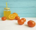 Fresh orange fresh clear kitchen tasty with straw morning white and blue wooden, mandarins