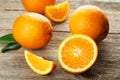 Fresh orange fruit on grey wooden background Royalty Free Stock Photo