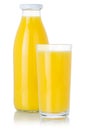 Fresh orange fruit juice smoothie drink in a bottle and glass isolated on white Royalty Free Stock Photo