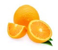 Fresh orange fruit and leaf with drops of water isolated on whit Royalty Free Stock Photo