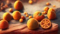 Fresh Orange fruit on the white wood. Home gardening. Mandarine oranges. Tangerine oranges. Orange color. Generative AI Royalty Free Stock Photo