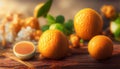 Fresh Orange fruit on the white wood. Home gardening. Mandarine oranges. Tangerine oranges. Orange color. Generative AI Royalty Free Stock Photo